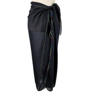 Womens Size to 44" Waist Sheer Black Crepe Sarong Tie Waist Rainbow Edge Coverup
